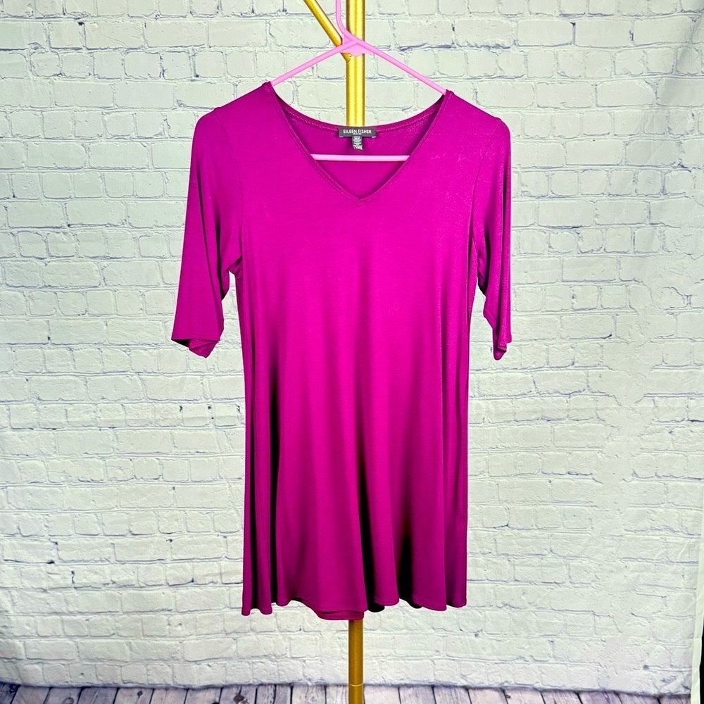 Eileen Fisher Sweet Plum Jersey V-Neck Short Sleeve Long Tunic Tee Top PS